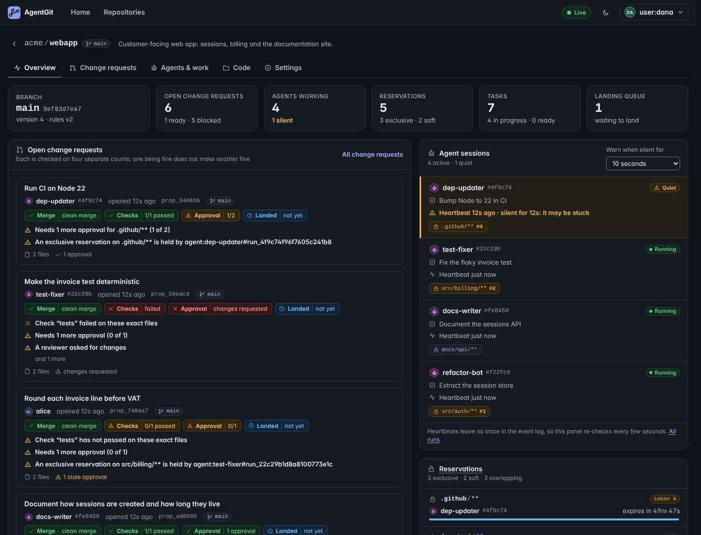 The live board in the dark theme
